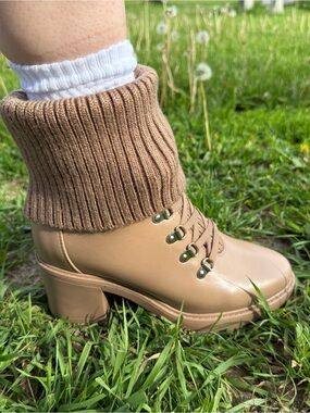 JustFab Camber Fold-Over Chunky Heel Lace-Up Ankle Boots with Knit Cuff - Beige